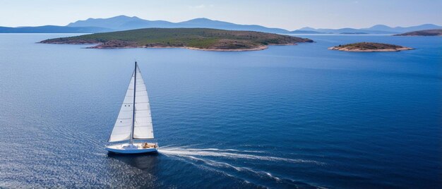 drone aereo foto panoramica ultra larga di una bella barca a vela con vele bianche in crociera blu profondo