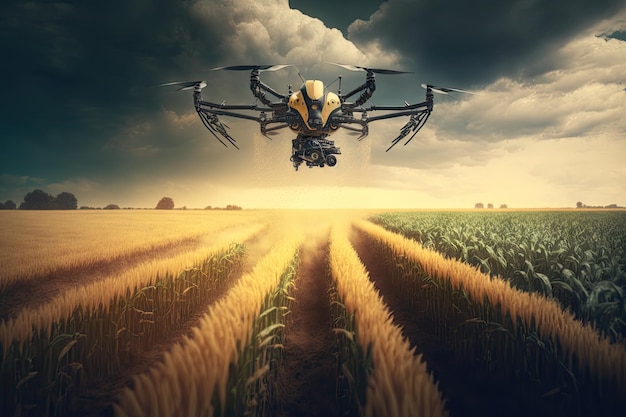Drone agronomo che sorvola il campo e irrora sostanze chimiche per colture create con intelligenza artificiale generativa
