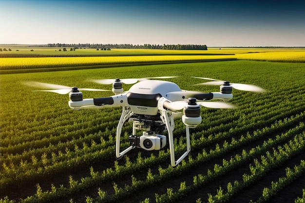 Drone agronomo volante presso l'azienda agricola sullo sfondo del campo con piante