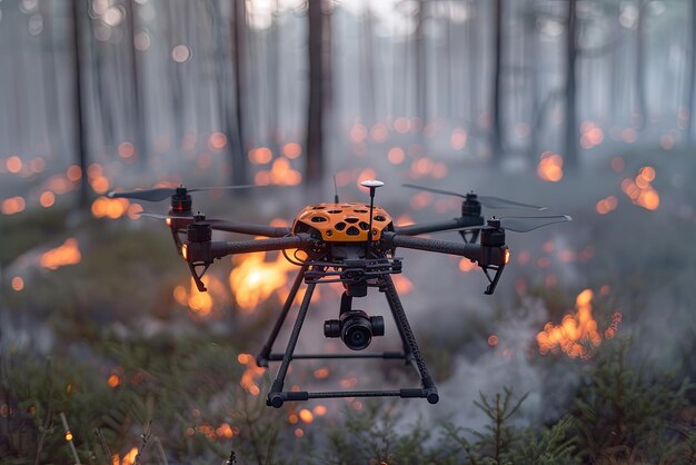 Drone antincendio che vola sopra una foresta in fiamme Tecnologie di incendio e soccorso