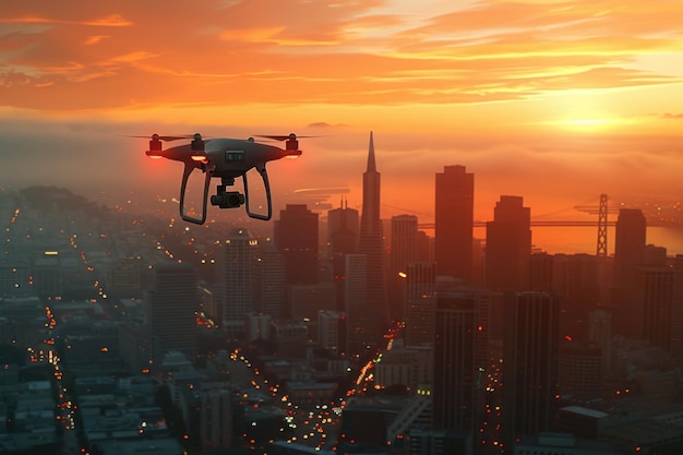 Drone cattura i punti di riferimento di San Francisco al tramonto