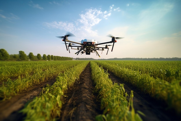Drone che irrora colture in ambiente agricolo con cielo blu con IA generativa