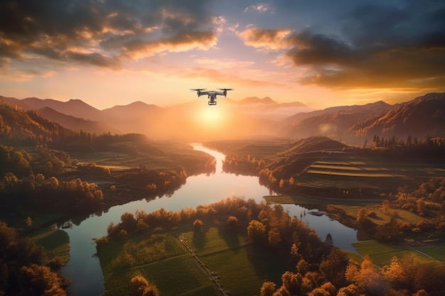 Drone che si libra sopra il paesaggio scenico al tramonto creato con l'IA generativa