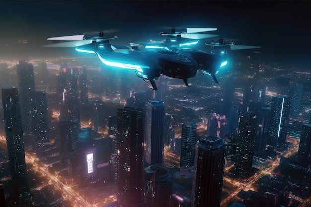 Drone che sorvola città futuristica con cartelloni olografici IA generativa