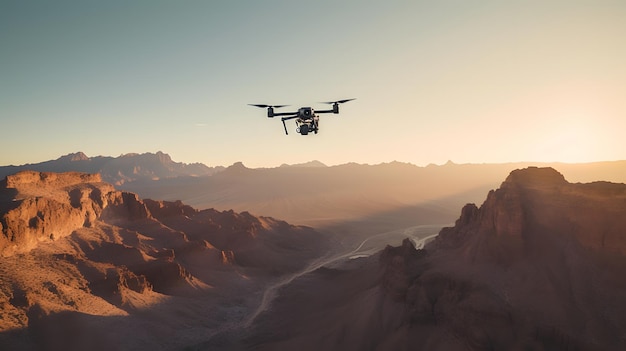 Drone che sorvola le montagne al tramonto