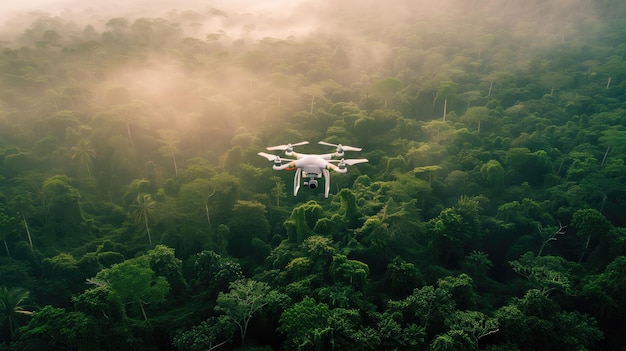 Drone che sorvolano una foresta tropicale nebbiosa all'alba catturando l'essenza della natura selvaggia