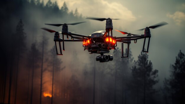 Drone che vola in una foresta fumosa durante un incendio