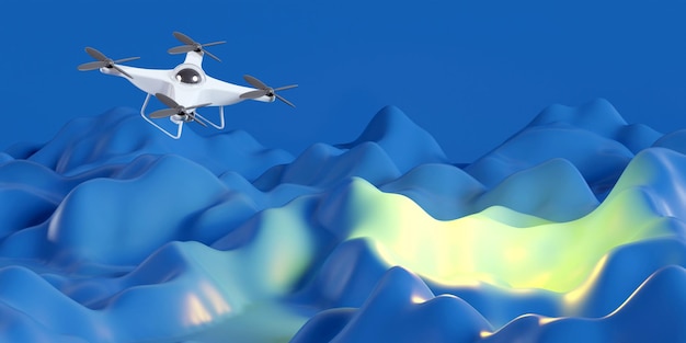 Drone che vola per la ricerca Antenna geologica Rendering 3D del concetto geologico