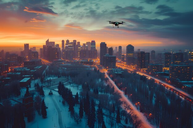 drone che vola sopra la città in una mattinata invernale