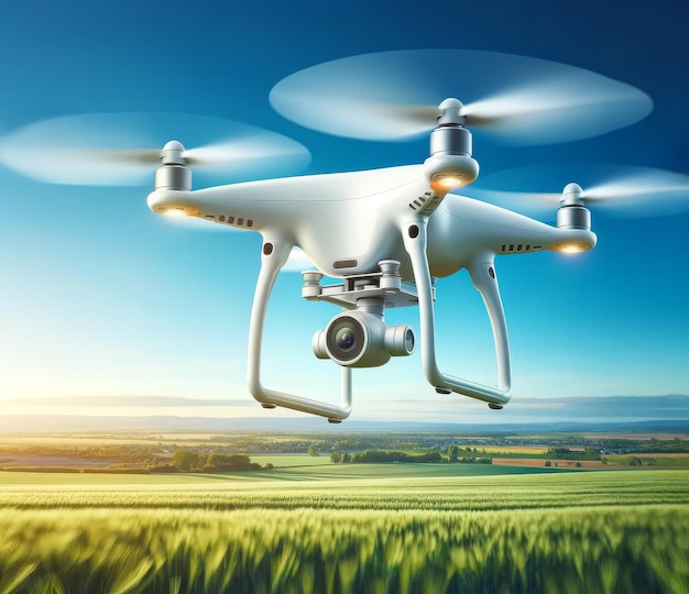 Drone che volano sopra terreni agricoli verdi con un cielo limpido Agricoltura e tecnologia concetto spazio di copia