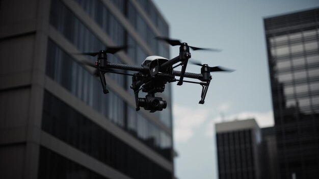 Drone che volano tra gli edifici della città AI generativa