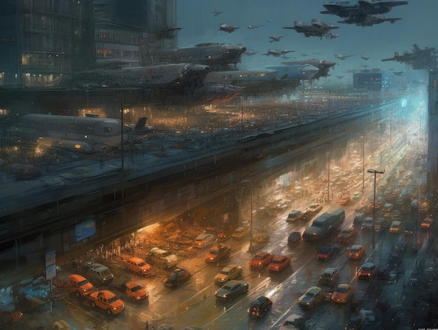 drone city view steampunk ghostpunk dieselpunk fantasy illustrazione poster gioco libro di design artistico