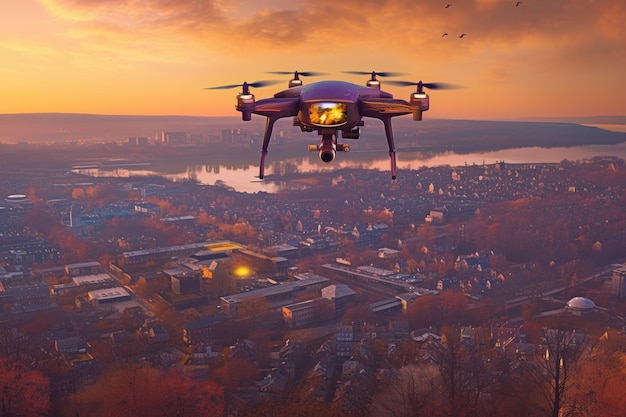 Drone con fotocamera che cattura lo skyline panoramico della città creato con l'IA generativa