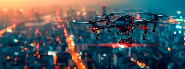 Drone con fotocamera che sorvola una città al tramonto catturando la vita urbana illuminata