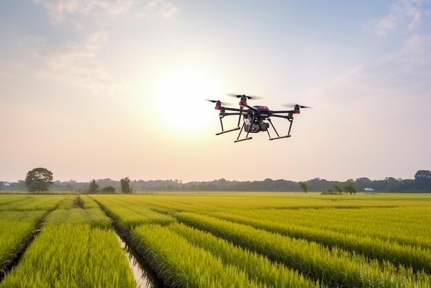 Drone con fotocamera digitale che vola nel campo di riso al tramonto IA generativa