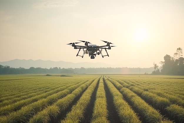 Drone con fotocamera digitale che vola nel campo di riso al tramonto IA generativa