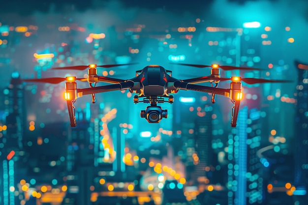 Drone con telecamera che vola di notte sopra il paesaggio urbano illuminato