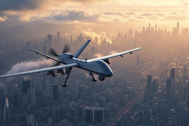 Drone di combattimento militare automatizzato che vola sopra la città durante la missione ai generazione