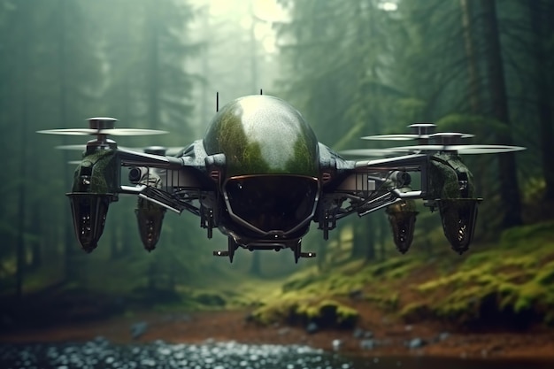 Drone futuristico nella foresta IA generativa