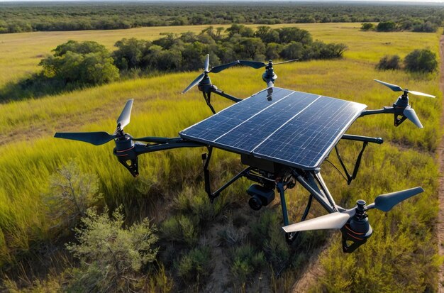 Drone in volo con pannello solare attaccato