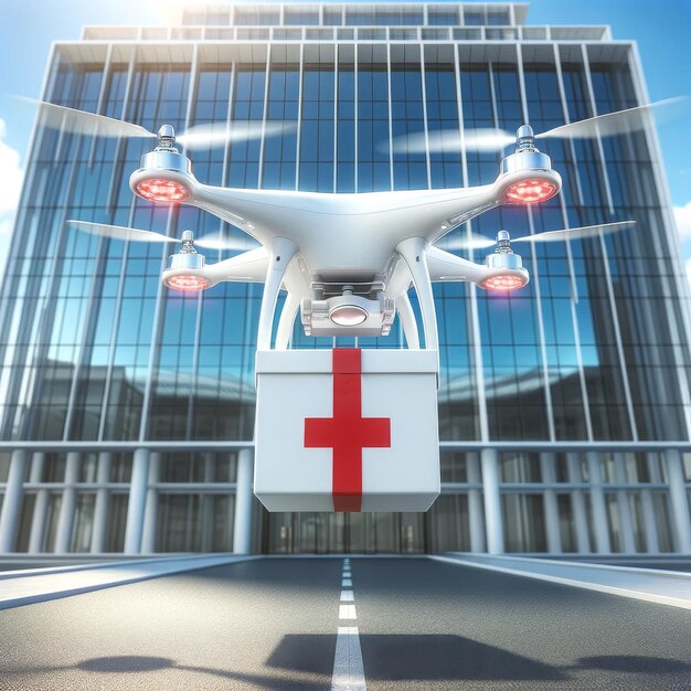 Drone medico con kit di primo soccorso per la consegna di farmaci sullo sfondo della clinica