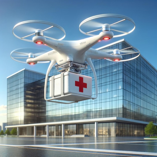 Drone medico con kit di primo soccorso per la consegna di farmaci sullo sfondo della clinica