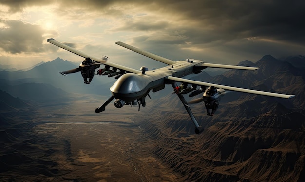 Drone militare che sorvola un vasto paesaggio desertico con montagne lontane veicolo aereo senza equipaggio che scivola sopra terreni sterili creato con strumenti generativi di IA