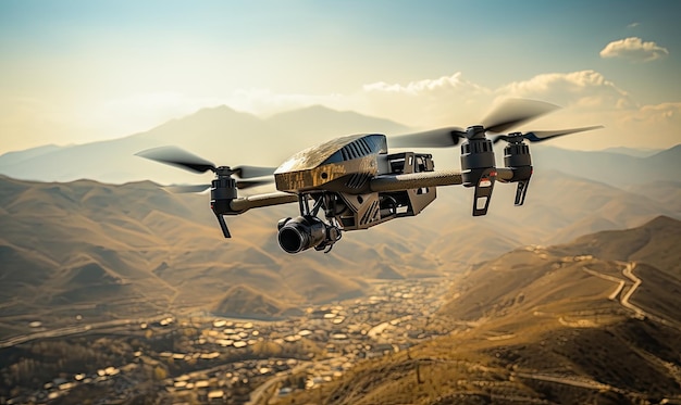 Drone militare FPV in bilico su un vasto paesaggio desertico con montagne lontane Veicolo aereo senza pilota che scivola sopra un terreno arido Creato con strumenti di intelligenza artificiale generativa