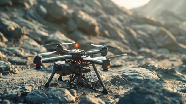 Drone professionale su terreno roccioso al tramonto Tecnologia e concetto di esplorazione con spazio di copia