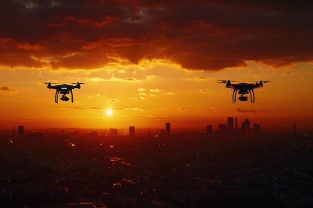 Drone quad copters catturano il paesaggio cittadino al tramonto