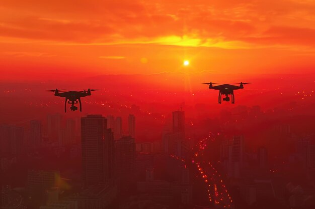 Drone quad copters catturano il paesaggio cittadino al tramonto