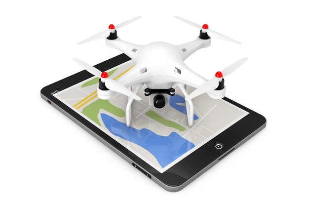 Drone Quadrocopter bianco con fotocamera su Tablet PC su sfondo bianco. Rendering 3D