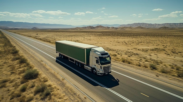 Drone vista di un camion che guida lungo un'autostrada in una giornata di sole