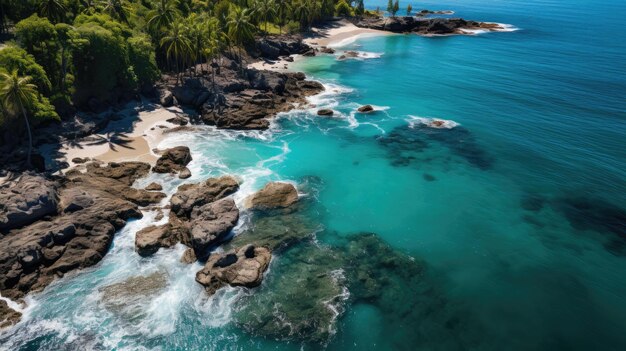 drone vista di una spiaggia serena con palme e acqua cristallina