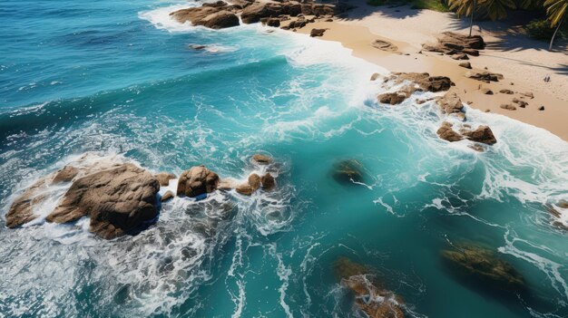 drone vista di una spiaggia serena con palme e acqua cristallina