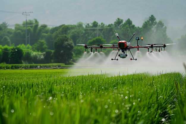 Droni agricoli volano per spruzzare fertilizzante nei campi di riso