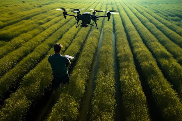 Droni che volano su vasti campi agricoli tecniche agricole avanzate