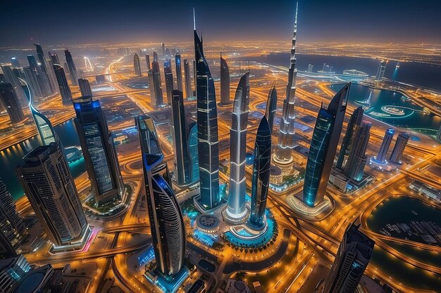 Dubai Emirati Arabi Uniti 17 dicembre 2022 La città di Dubai di notte Vista aerea dei grattacieli o dello skyline della città di Dubai insieme al Burj Khalifa catturata dal centro di Dubai UAE