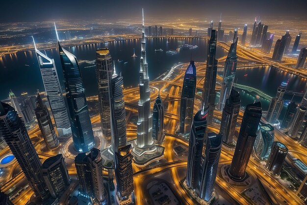 Dubai Emirati Arabi Uniti 17 dicembre 2022 La città di Dubai di notte Vista aerea dei grattacieli o dello skyline della città di Dubai insieme al Burj Khalifa catturata dal centro di Dubai UAE