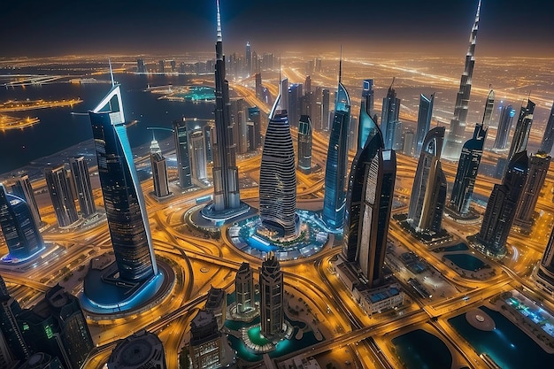 Dubai Emirati Arabi Uniti 17 dicembre 2022 La città di Dubai di notte Vista aerea dei grattacieli o dello skyline della città di Dubai insieme al Burj Khalifa catturata dal centro di Dubai UAE