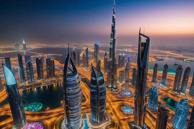 Dubai Emirati Arabi Uniti 17 dicembre 2022 La città di Dubai di notte Vista aerea dei grattacieli o dello skyline della città di Dubai insieme al Burj Khalifa catturata dal centro di Dubai UAE