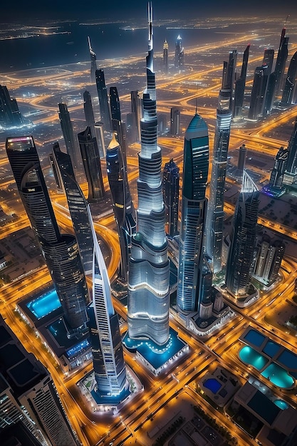 Dubai Emirati Arabi Uniti 17 dicembre 2022 La città di Dubai di notte Vista aerea dei grattacieli o dello skyline della città di Dubai insieme al Burj Khalifa catturata dal centro di Dubai UAE