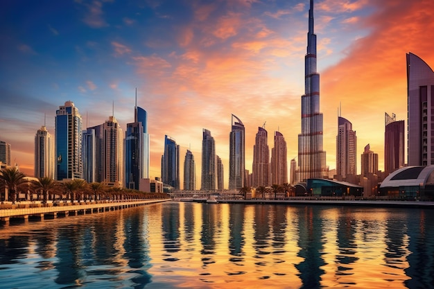 Dubai Marina al tramonto a Dubai Emirati Arabi Uniti Dubai è stata la città in più rapido sviluppo al mondo tra il 2002 e il 2008 Bellissimo centro di Dubai al tramontoDubaiEmirati Arabi Uniti Generato dall'intelligenza artificiale