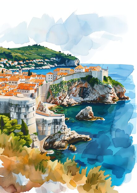 Dubrovnik Croazia paesaggio acquerello modello di invito a nozze