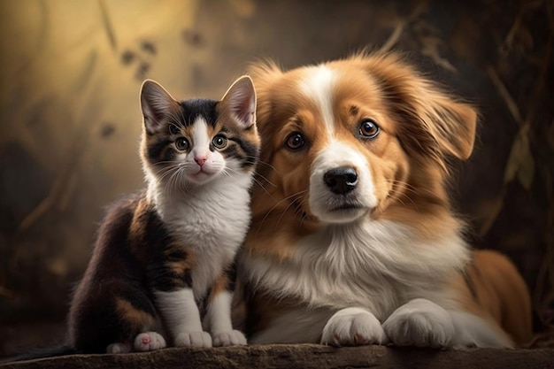 Due adorabili animali domestici, gatto e cane rannicchiati insieme in una dolce dimostrazione di amicizia IA generativa