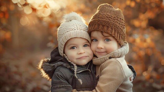 Due adorabili bambini che indossano cappelli da inverno si abbracciano all'aperto lo sfondo è sfocato e sembra una foresta