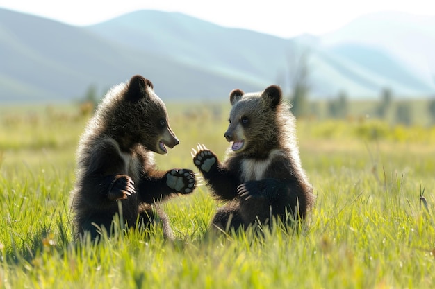 Due adorabili cuccioli di orso Tian Shan con gli artigli bianchi giocano nell'erba