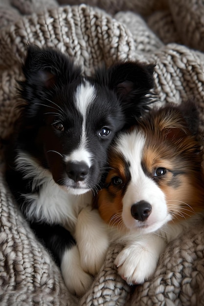 Due adorabili cuccioli si accoccolano su un'accogliente coperta lavorata a maglia, un momento di pura tenerezza da compagnia catturato perfetto per gli amanti degli animali AI