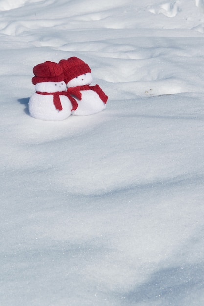 Due adorabili pupazzi di neve giocano sul concetto di celebrazione delle vacanze sulla neve bianca