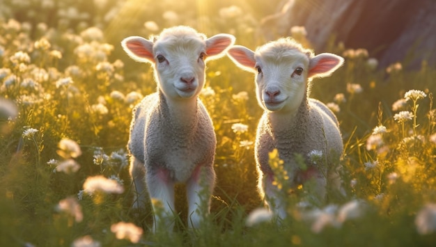 Due agnelli in un campo con fiori sullo sfondo